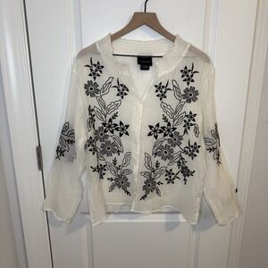 Liv Los Angeles Women's Button Up Blouse Embroidered Flower Sheer Boho INDI Sz L